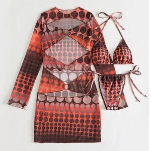 Polka Dot Print Triangle Bikini & Ring Linked Cover Up size small